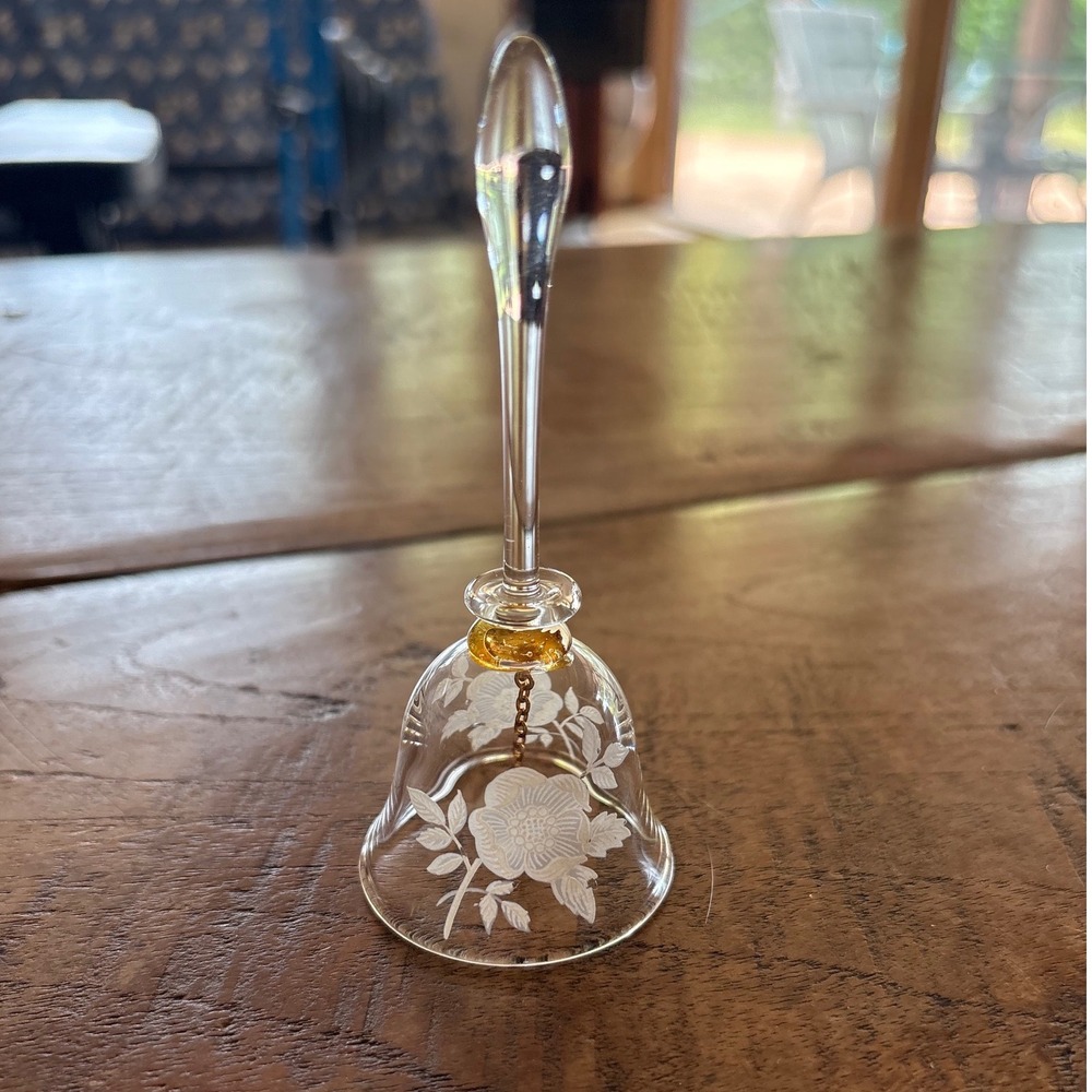 Etched‎ Glass Floral Hand Bell Frosted Rose Crystal Clapper 4" Vintage